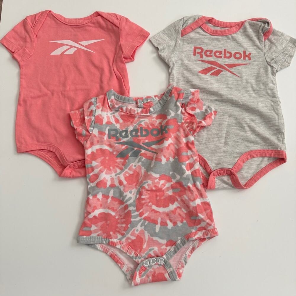 3x Reebok Baby Onesie Bodysuit Set Pink and Gray
